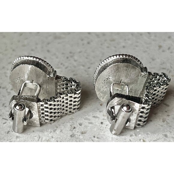 Vintage Swank Silver-Tone Oval Wishbone Cufflinks Rhinestone Accent - Picture 8 of 11